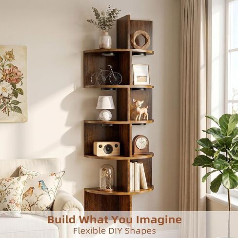 HAAYOT Corner Shelf Wall Mounted: 5-Tier Floating Shelves with Lights for Bedroom, Living Room, Home Office, Rustic Brown in Saudi Arabia