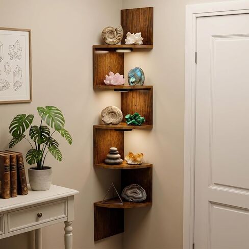 HAAYOT Corner Shelf Wall Mounted: 5-Tier Floating Shelves with Lights for Bedroom, Living Room, Home Office, Rustic Brown in Saudi Arabia