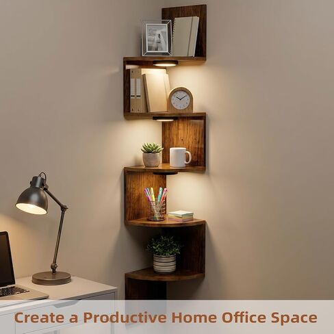 HAAYOT Corner Shelf Wall Mounted: 5-Tier Floating Shelves with Lights for Bedroom, Living Room, Home Office, Rustic Brown in Saudi Arabia