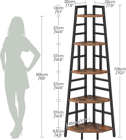 CHOEZON 70.1-Inch 5-Tier Tall Corner Shelf, Narrow Bookshelf for Small Spaces, Industrial Bookcase Display Stand for Living Room, Bedroom, Office, Rustic Brown TCJ25BF in Kuwait