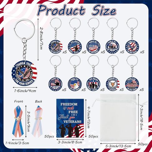 Memorial Day Gifts Set - 200P Veterans Day American Flag Satin Awareness Patriotic Ribbon Pins USA Keychain with Inspirational Card Star Patch Organza Bag Appreciation Retirement Party Supplies in Saudi Arabia