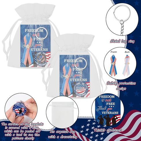 Memorial Day Gifts Set - 200P Veterans Day American Flag Satin Awareness Patriotic Ribbon Pins USA Keychain with Inspirational Card Star Patch Organza Bag Appreciation Retirement Party Supplies in Saudi Arabia