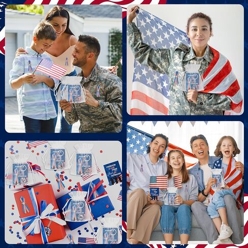 Memorial Day Gifts Set - 200P Veterans Day American Flag Satin Awareness Patriotic Ribbon Pins USA Keychain with Inspirational Card Star Patch Organza Bag Appreciation Retirement Party Supplies in Saudi Arabia
