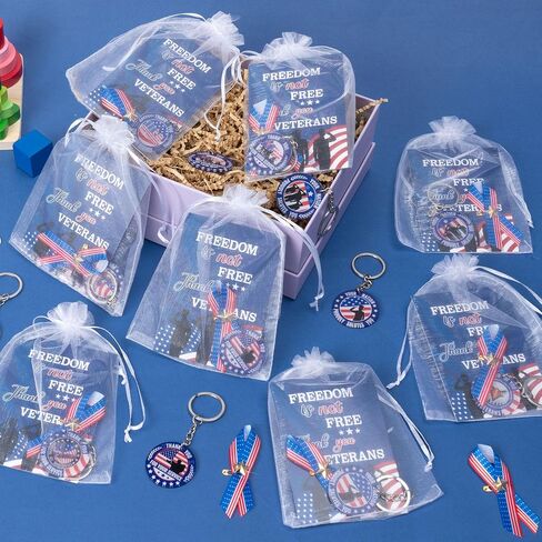 Memorial Day Gifts Set - 200P Veterans Day American Flag Satin Awareness Patriotic Ribbon Pins USA Keychain with Inspirational Card Star Patch Organza Bag Appreciation Retirement Party Supplies in Saudi Arabia