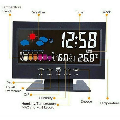 Cosiki Digital Weather Clock, Large Colorful Display Temperature Humidity Monitor, with Alarm Snooze Calendar for Indoor Home Office Wall Desk (Black) in Kuwait