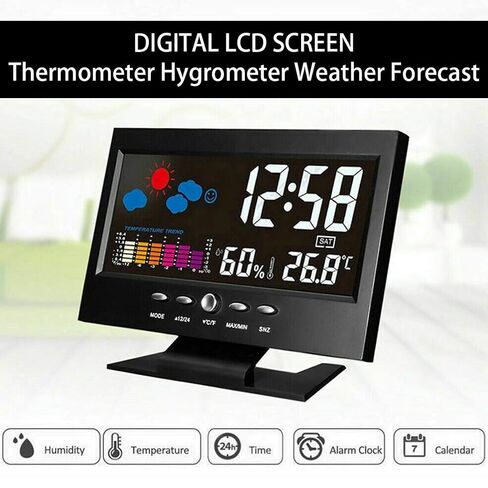 Cosiki Digital Weather Clock, Large Colorful Display Temperature Humidity Monitor, with Alarm Snooze Calendar for Indoor Home Office Wall Desk (Black) in Kuwait