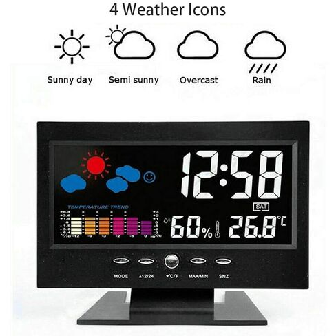 Cosiki Digital Weather Clock, Large Colorful Display Temperature Humidity Monitor, with Alarm Snooze Calendar for Indoor Home Office Wall Desk (Black) in Kuwait