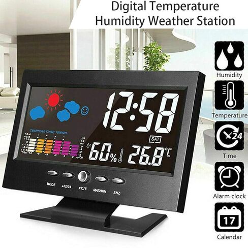 Cosiki Digital Weather Clock, Large Colorful Display Temperature Humidity Monitor, with Alarm Snooze Calendar for Indoor Home Office Wall Desk (Black) in Kuwait