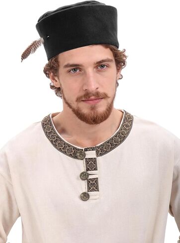 Medieval Round Hat with Cuff Renaissance Classic Beret Hat with Feather Ren Faire Cap Minstrel Costume Accessory in Saudi Arabia