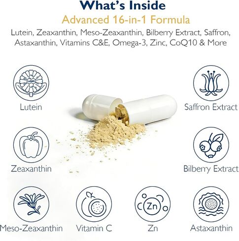 Neurobella Eye Formula, 16-in-1 Eye Vitamins and Mineral Supplement with Lutein 20mg, Zeaxanthin 4mg & Meso-Zeaxanthin 10mg, Astaxanthin, Omega 3, Bilberry & Saffron, Eye Health, 60 Capsules in Saudi Arabia