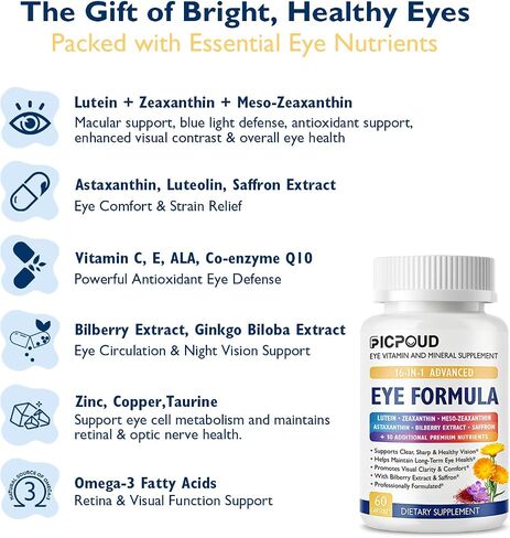 Neurobella Eye Formula, 16-in-1 Eye Vitamins and Mineral Supplement with Lutein 20mg, Zeaxanthin 4mg & Meso-Zeaxanthin 10mg, Astaxanthin, Omega 3, Bilberry & Saffron, Eye Health, 60 Capsules in Saudi Arabia