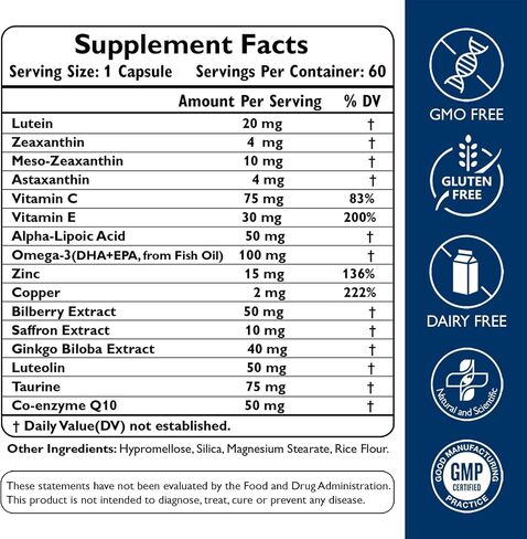 Neurobella Eye Formula, 16-in-1 Eye Vitamins and Mineral Supplement with Lutein 20mg, Zeaxanthin 4mg & Meso-Zeaxanthin 10mg, Astaxanthin, Omega 3, Bilberry & Saffron, Eye Health, 60 Capsules in Saudi Arabia