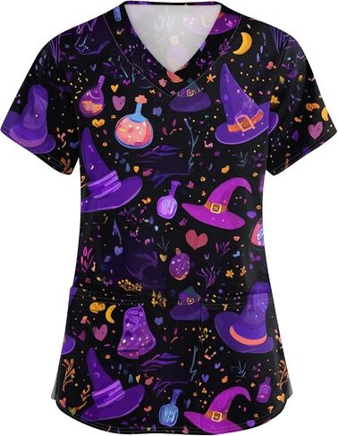 Halloween Scrub Tops Women Print Plus Size Scrubs for Women,Stretchy Nursing Pediatric Uniforms Shirts with Pockets in Saudi Arabia