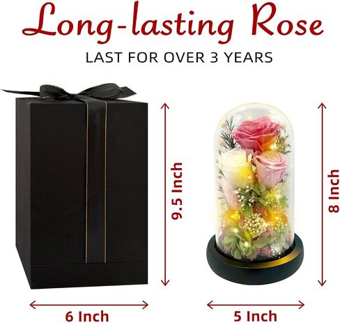 HipTree Preserved Pink Rose in Glass Dome with LED Lights - Forever Eternal Real Rose Gifts for Women, Valentines Day Mothers Day Birthday Christmas Gift Wedding Anniversary for Mom Wife Girlfriend in Saudi Arabia