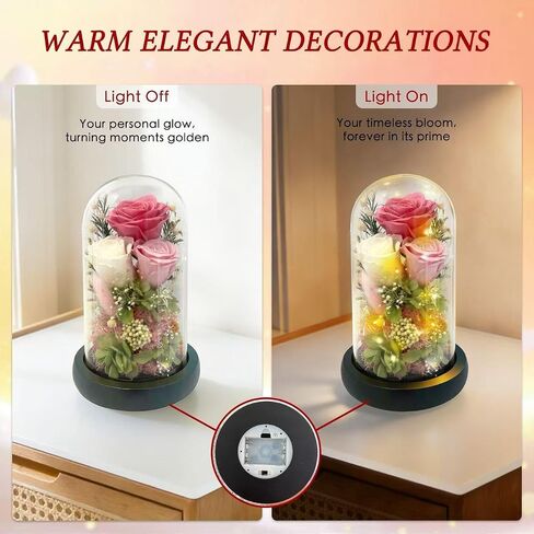 HipTree Preserved Pink Rose in Glass Dome with LED Lights - Forever Eternal Real Rose Gifts for Women, Valentines Day Mothers Day Birthday Christmas Gift Wedding Anniversary for Mom Wife Girlfriend in Saudi Arabia