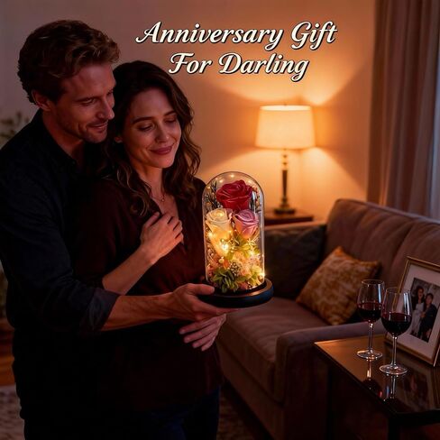HipTree Preserved Pink Rose in Glass Dome with LED Lights - Forever Eternal Real Rose Gifts for Women, Valentines Day Mothers Day Birthday Christmas Gift Wedding Anniversary for Mom Wife Girlfriend in Saudi Arabia