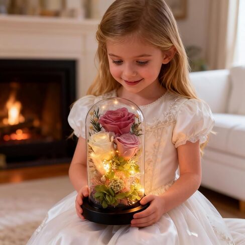 HipTree Preserved Pink Rose in Glass Dome with LED Lights - Forever Eternal Real Rose Gifts for Women, Valentines Day Mothers Day Birthday Christmas Gift Wedding Anniversary for Mom Wife Girlfriend in Saudi Arabia