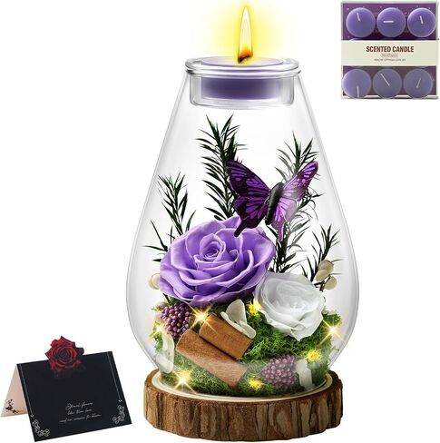 Birthday Gifts for Women Preserved Flowers Purple Roses Candle Holder in Glass Dome Gift for Mom Birthday Gift Forever Flowers for Anniversary Real Flowers Eternal Rose for Proposal Wedding in Saudi Arabia