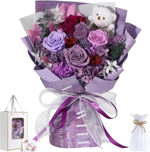 Emibele Mother's Day Preserved Flower Bouquet Gifts for Mom, Flowers for Delivery Prime, Purple Eteranl Roses Bouquets with Bear, Gifts for Women Wife Grandma on Valentines Birthday Anniversary in Kuwait