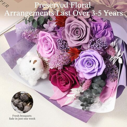 Emibele Mother's Day Preserved Flower Bouquet Gifts for Mom, Flowers for Delivery Prime, Purple Eteranl Roses Bouquets with Bear, Gifts for Women Wife Grandma on Valentines Birthday Anniversary in Kuwait