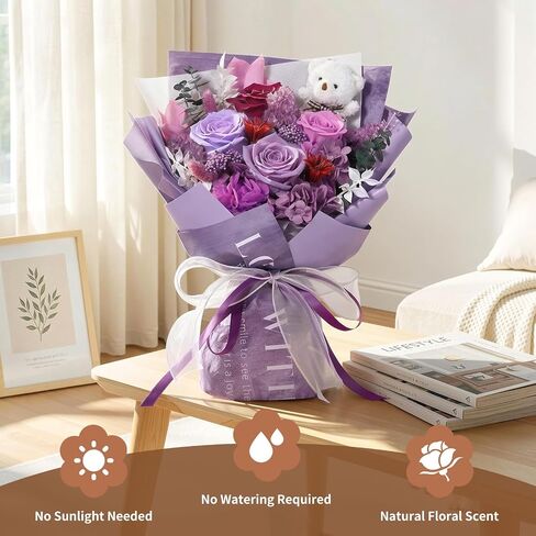 Emibele Mother's Day Preserved Flower Bouquet Gifts for Mom, Flowers for Delivery Prime, Purple Eteranl Roses Bouquets with Bear, Gifts for Women Wife Grandma on Valentines Birthday Anniversary in Kuwait