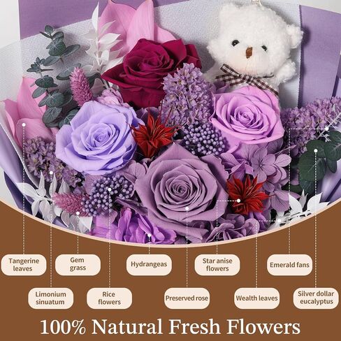 Emibele Mother's Day Preserved Flower Bouquet Gifts for Mom, Flowers for Delivery Prime, Purple Eteranl Roses Bouquets with Bear, Gifts for Women Wife Grandma on Valentines Birthday Anniversary in Kuwait