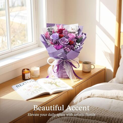 Emibele Mother's Day Preserved Flower Bouquet Gifts for Mom, Flowers for Delivery Prime, Purple Eteranl Roses Bouquets with Bear, Gifts for Women Wife Grandma on Valentines Birthday Anniversary in Kuwait