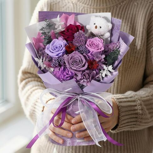 Emibele Mother's Day Preserved Flower Bouquet Gifts for Mom, Flowers for Delivery Prime, Purple Eteranl Roses Bouquets with Bear, Gifts for Women Wife Grandma on Valentines Birthday Anniversary in Kuwait