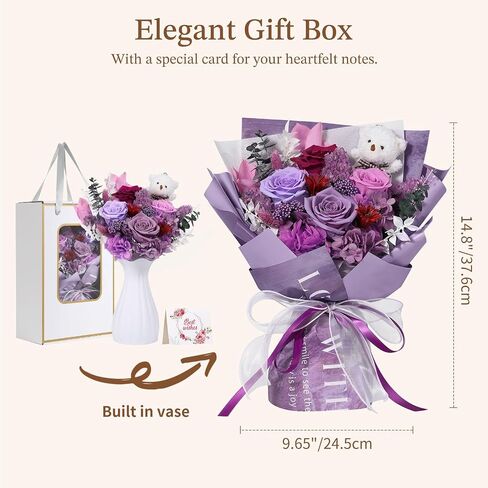 Emibele Mother's Day Preserved Flower Bouquet Gifts for Mom, Flowers for Delivery Prime, Purple Eteranl Roses Bouquets with Bear, Gifts for Women Wife Grandma on Valentines Birthday Anniversary in Kuwait