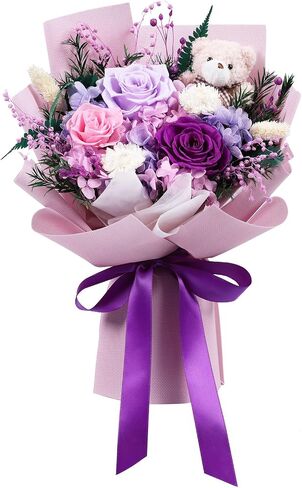 mapleway Preserved Flowers Bouquet with Bear, Long-Lasting Eteranl Flowers for Delivery Prime, 3 Roses Mixed Bouquet Forever Flowers Gifts for Mon Girlfriend Wife Her Anniversary Ceremony Birthday in Saudi Arabia