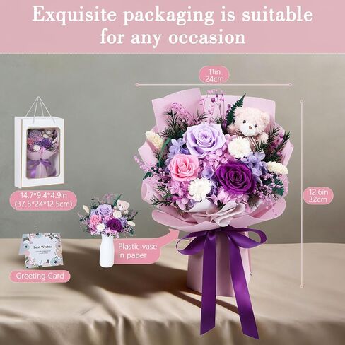 mapleway Preserved Flowers Bouquet with Bear, Long-Lasting Eteranl Flowers for Delivery Prime, 3 Roses Mixed Bouquet Forever Flowers Gifts for Mon Girlfriend Wife Her Anniversary Ceremony Birthday in Saudi Arabia