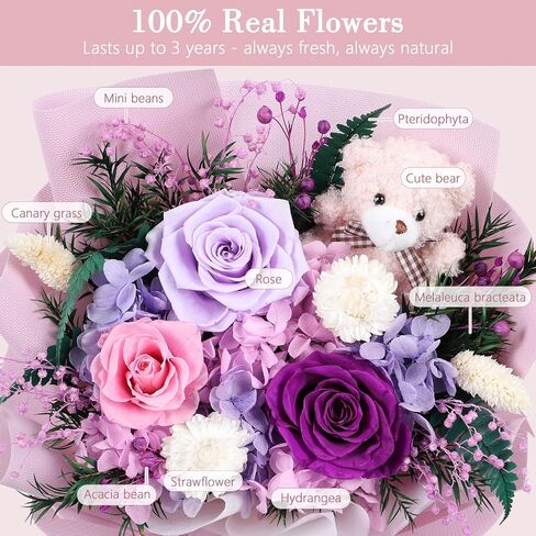 mapleway Preserved Flowers Bouquet with Bear, Long-Lasting Eteranl Flowers for Delivery Prime, 3 Roses Mixed Bouquet Forever Flowers Gifts for Mon Girlfriend Wife Her Anniversary Ceremony Birthday in Saudi Arabia