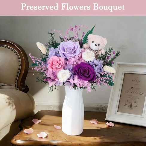 mapleway Preserved Flowers Bouquet with Bear, Long-Lasting Eteranl Flowers for Delivery Prime, 3 Roses Mixed Bouquet Forever Flowers Gifts for Mon Girlfriend Wife Her Anniversary Ceremony Birthday in Saudi Arabia