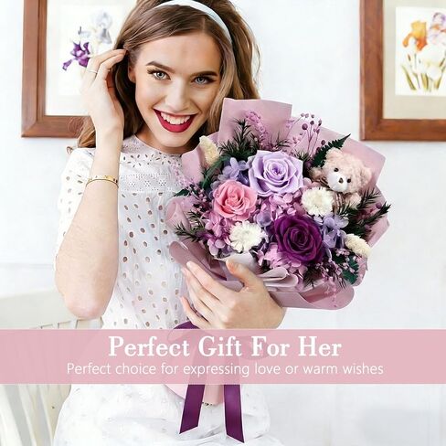 mapleway Preserved Flowers Bouquet with Bear, Long-Lasting Eteranl Flowers for Delivery Prime, 3 Roses Mixed Bouquet Forever Flowers Gifts for Mon Girlfriend Wife Her Anniversary Ceremony Birthday in Saudi Arabia