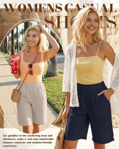 3 Pack Women's Linen Shorts Bermuda Knee Length High Waist Shorts Loose Fit Casual Summer Comfy Shorts with Pockets(Navy Blue, Linen, Black,X-Large) in Kuwait