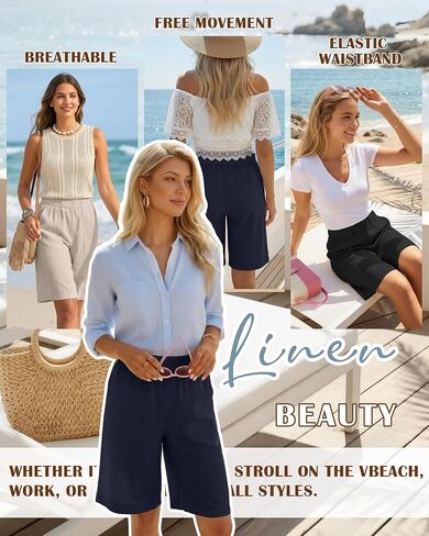 3 Pack Women's Linen Shorts Bermuda Knee Length High Waist Shorts Loose Fit Casual Summer Comfy Shorts with Pockets(Navy Blue, Linen, Black,X-Large) in Kuwait