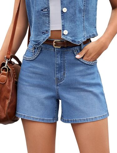 luvamia Jean Shorts for Women Trendy Wide Leg Mid Thigh Casual Summer Stretchy Denim Shorts Jorts with Braided Pockets in Kuwait