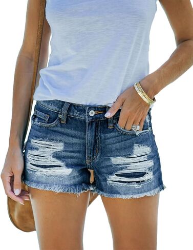 Jean Shorts Womens Mid Rise Casual Stretchy Ripped Distressed Denim Shorts in Saudi Arabia