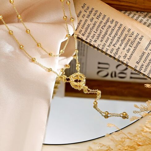 NECOCY Lariat قلادة ذهبية للنساء، قلادة طويلة أنيقة 14 قيراط مطلية بالذهب على شكل حرف Y قلادة قلادة طبقات اللؤلؤ مطرز سلسلة قطرة القلائد مريم العذراء الصليب قلادة هدية مجوهرات بسيطة in Kuwait