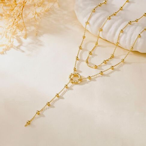 NECOCY Lariat قلادة ذهبية للنساء، قلادة طويلة أنيقة 14 قيراط مطلية بالذهب على شكل حرف Y قلادة قلادة طبقات اللؤلؤ مطرز سلسلة قطرة القلائد مريم العذراء الصليب قلادة هدية مجوهرات بسيطة in Kuwait