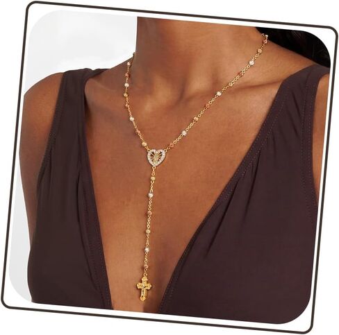 NECOCY Lariat قلادة ذهبية للنساء، قلادة طويلة أنيقة 14 قيراط مطلية بالذهب على شكل حرف Y قلادة قلادة طبقات اللؤلؤ مطرز سلسلة قطرة القلائد مريم العذراء الصليب قلادة هدية مجوهرات بسيطة in Kuwait