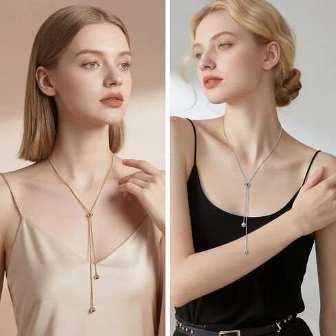 2 Pack Gold Silver Y Necklace Lariat, Adjustable Necklace, Sliding Knot Lariat Snake Chain Jewelry for Women in Saudi Arabia