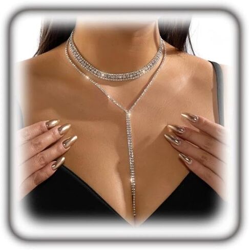 Gold Dainty Layered Sparkling Rhinestone Y Necklace for Women, Vintage Adjustable Geometric Linear Drop Choker Necklace Trendy Bridal Jewelry Party Gifts in Saudi Arabia