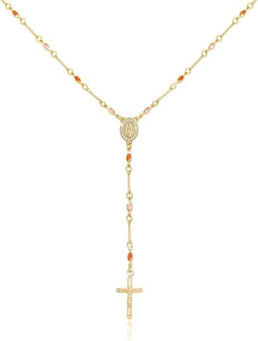 Gold Virgin Mary Necklace for Women - 14K Gold Plated Virgen de Guadalupe Long Necklaces,Multicolor Cubic Zirconia Golden Catholic Rosary Beads Cross Y Necklace,Religious Faith Crucifix Jewelry Gift in Kuwait