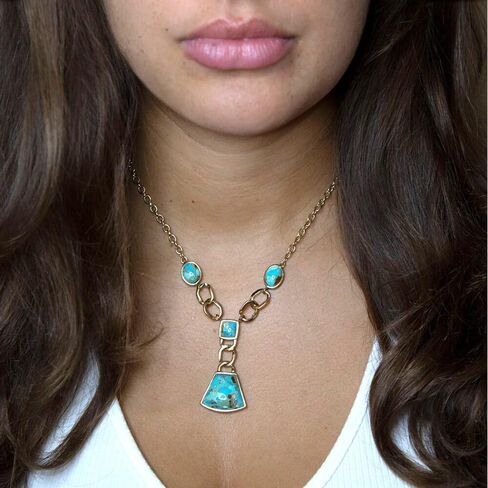 Barse Jewelry Athena Blue Turquoise Golden Y Neck Necklace in Kuwait