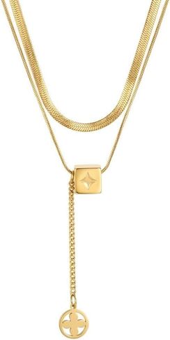 Gold Necklace with Mono gram Cube Pendant, Double Layer Lariat Y-Necklace with Flower Disc, 18K Gold Plated Stainless Steel Chain, Women's Jewelry Gift in Kuwait