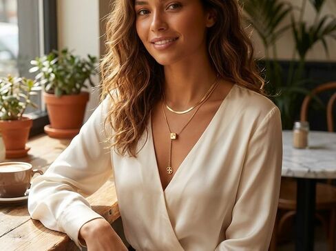 Gold Necklace with Mono gram Cube Pendant, Double Layer Lariat Y-Necklace with Flower Disc, 18K Gold Plated Stainless Steel Chain, Women's Jewelry Gift in Kuwait