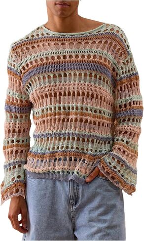 OYOANGLE Men's Bell Long Sleeve Crochet Sweaters Color Block Hollow Out Drop Shoulder Lightweight Knit Tops in Kuwait