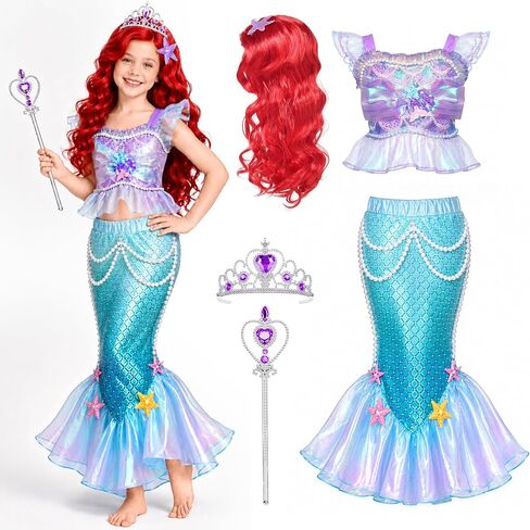 G.C Mermaid Costume for Girls,Little Mermaid Dress with Red Wig,Princess Dress Up Halloween Birthday Gift for Kids 2-7 in Kuwait