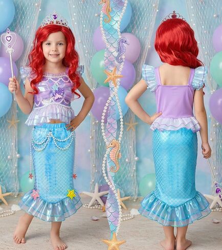 G.C Mermaid Costume for Girls,Little Mermaid Dress with Red Wig,Princess Dress Up Halloween Birthday Gift for Kids 2-7 in Kuwait